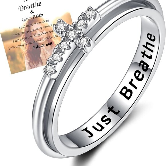 Jewelry - Cubic Zirconia Spinner Ring - Anxiety Relief Cross Design for Women, Sizes 5-10